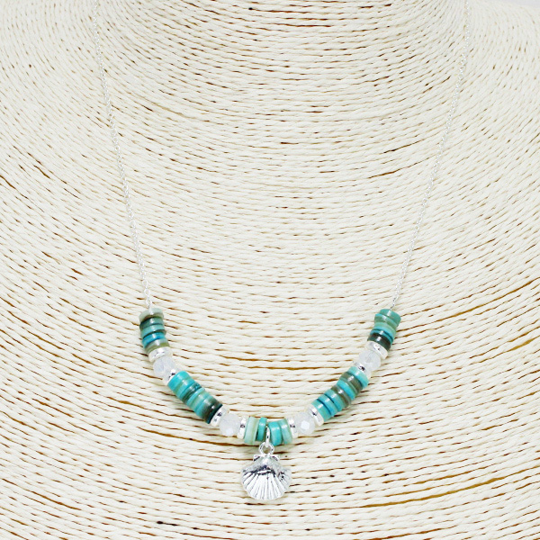 90174_Turquoise, seashell charm mixed beaded necklace 