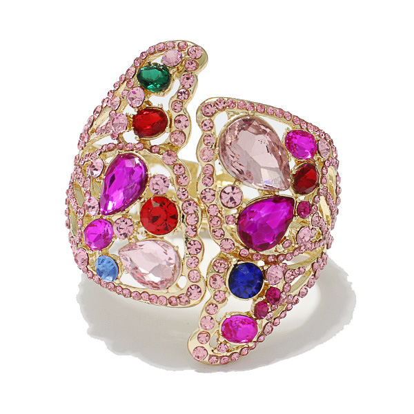 90539_Gold/Pink Multi, multi rhinestone butterfly hinged bangle bracelet 