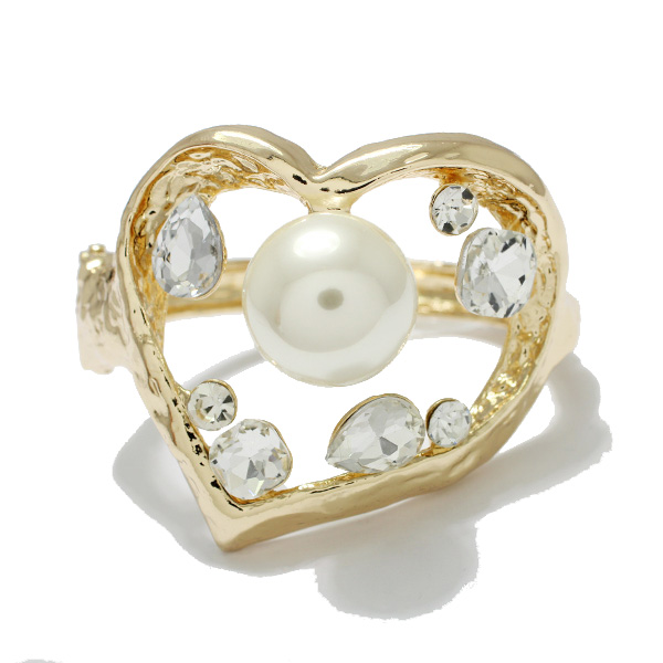 90541_Gold/Cream, heart with pearl rhinestone chunky bangle bracelet, valentine