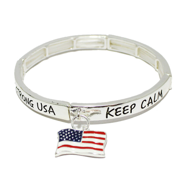 90603_Silver, "keep calm stay strong usa" american flag charm stretch bracelet, july 4th