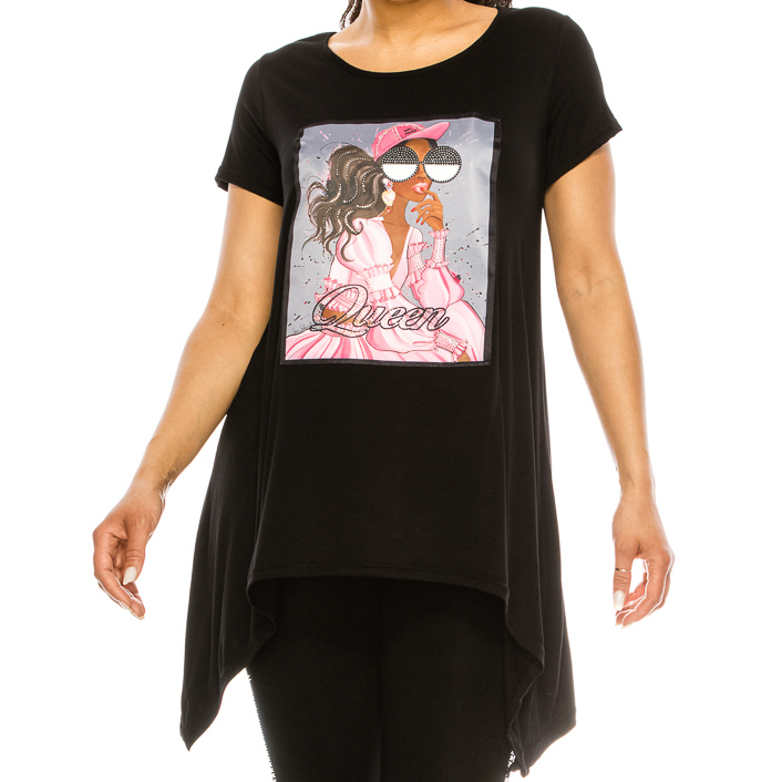 87035_REG. Size, "QUEEN" pink lady crystal embellished t-shirt top