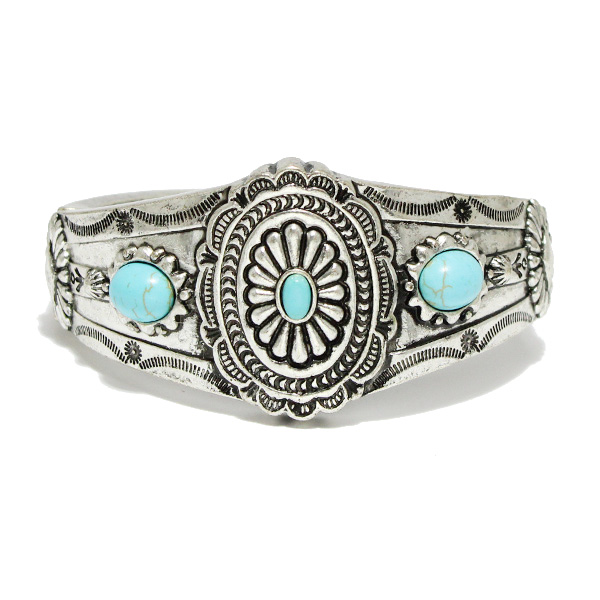 91154_Silver Burnished/Turquoise, antique western concho stretch bracelet 