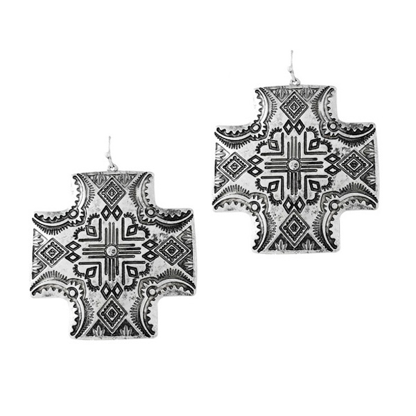 91188_Silver Burnished, oversized western antique cross metal earring 