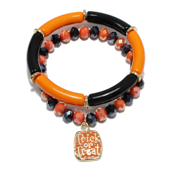 91336_Orange, "trick or treat" halloween charm multi layered stretch bracelet