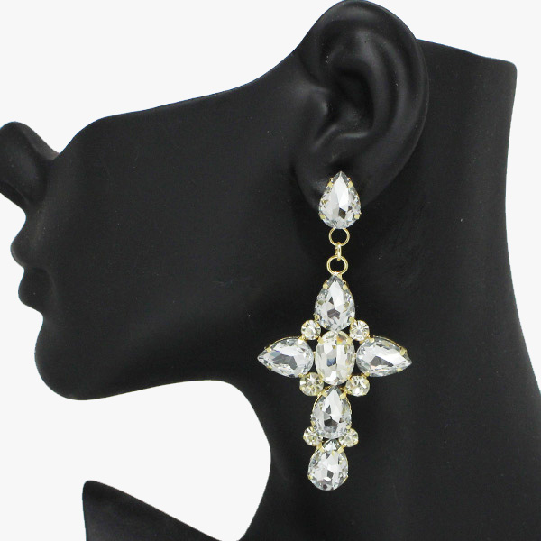 91410_Gold/Clear, cross rhinestone dangle earring 