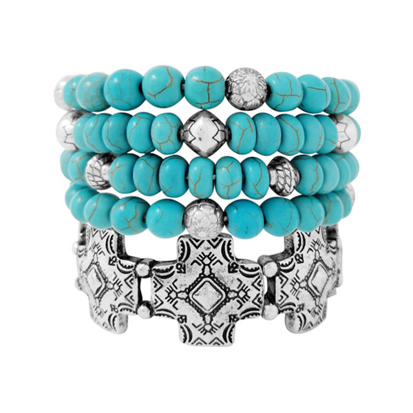91476_Silver Burnished/Turquoise, western cross multi layered stretch bead bracelet 