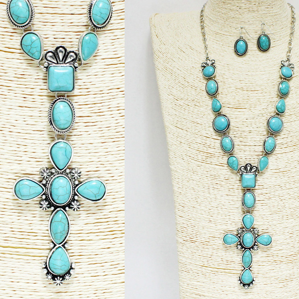 91485_Silver Burnished/Turquoise, western cross turquoise stone drop necklace 
