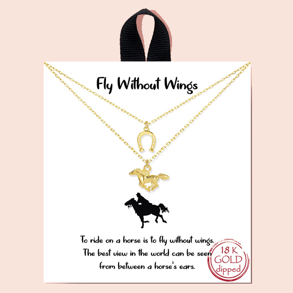 91978_Gold, "Fly Without Wings" 18K Gold dipped, dainty horse & horseshoe charm necklace 