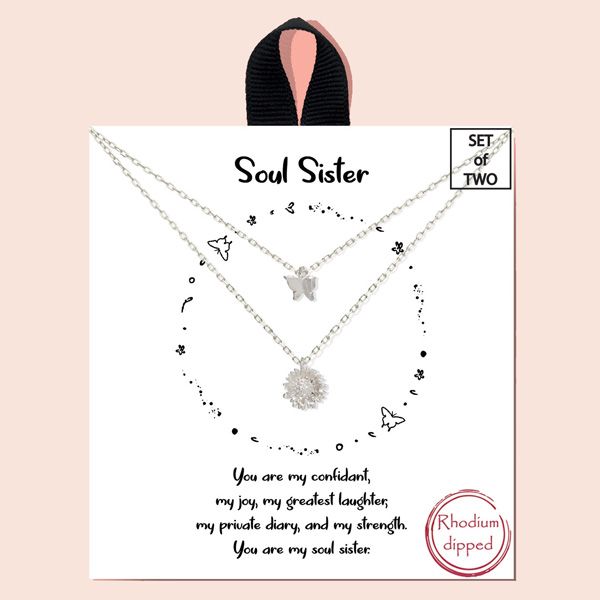91979_Silver, "Soul Sister" White Gold dipped, dainty butterfly & sunflower charm necklace 