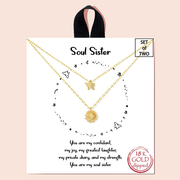 91979_Gold, "Soul Sister" 18K Gold dipped, dainty butterfly & sunflower charm necklace 