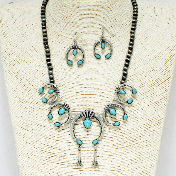 91985_Silver Burnished/Turquoise, western squash blossom with navajo bead necklace 