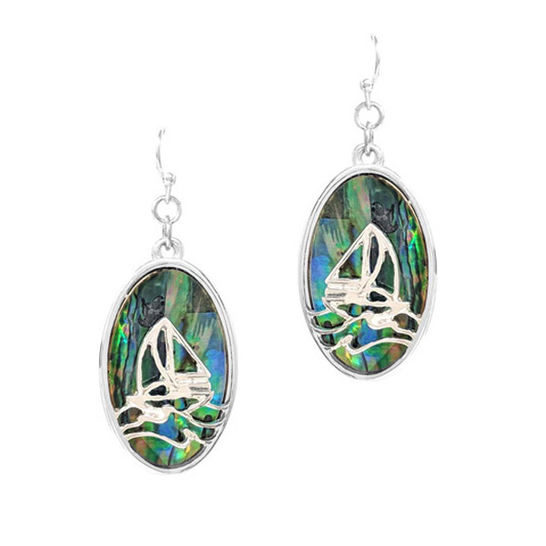 92048_Silver, sailboat cutout with abalone oval shell earring 