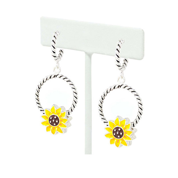 92071_Multi, sunflower epoxy twisted wire round dangle earring