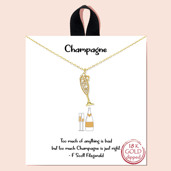 92127_Gold, 18K Gold dipped, "Champagne" dainty wine glass cubic zirconia necklace