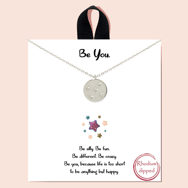 92192_Silver, Rhodium dipped, "Be You" dainty cubic zirconia round charm necklace 