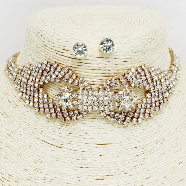 92199_Gold/Clear, pave rhinestone choker necklace 