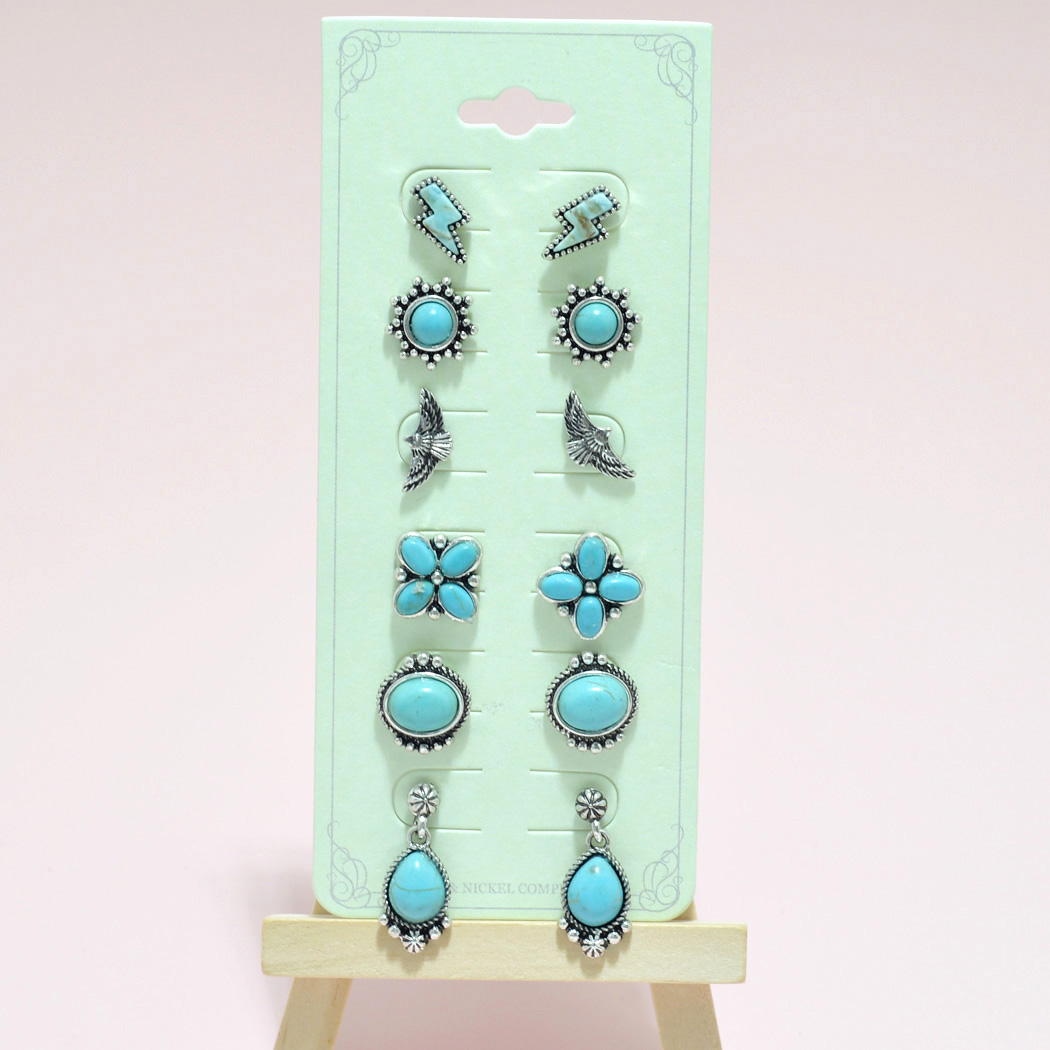 95073_Silver Burnished, western theme turquoise stud earring set 