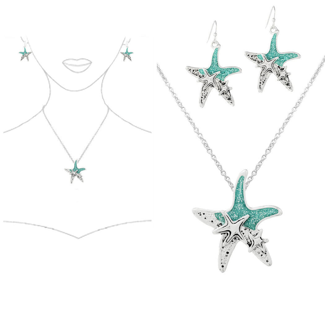 95082_Antique Silver/Mint, starfish glitter pendant necklace, sea life, ocean theme 