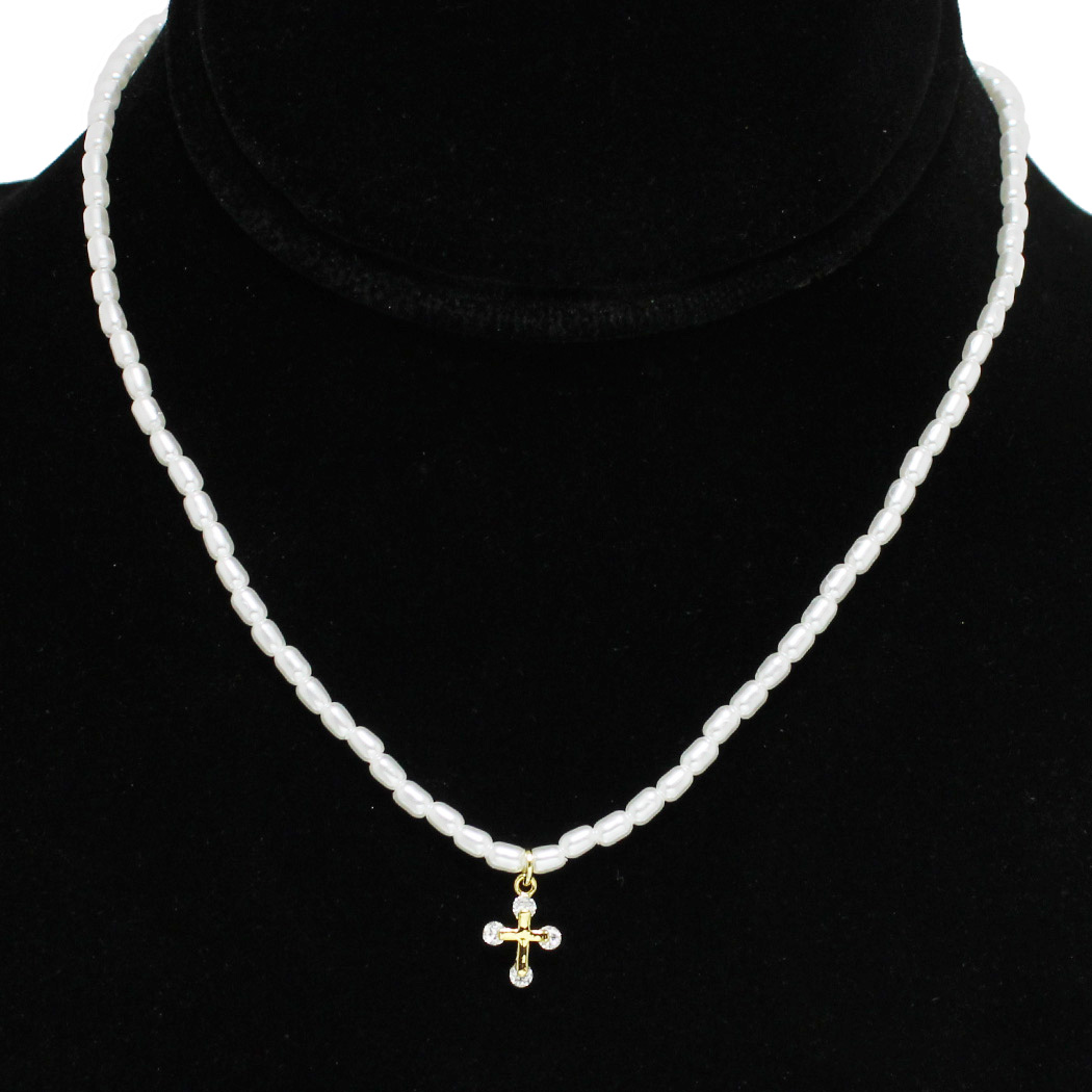 95129_Gold, dainty cross accent pearl necklace, religious 