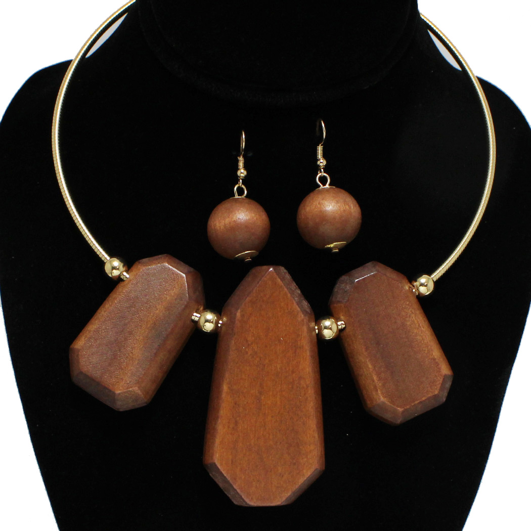 95136_Gold/Brown, geometric wood choker necklace 