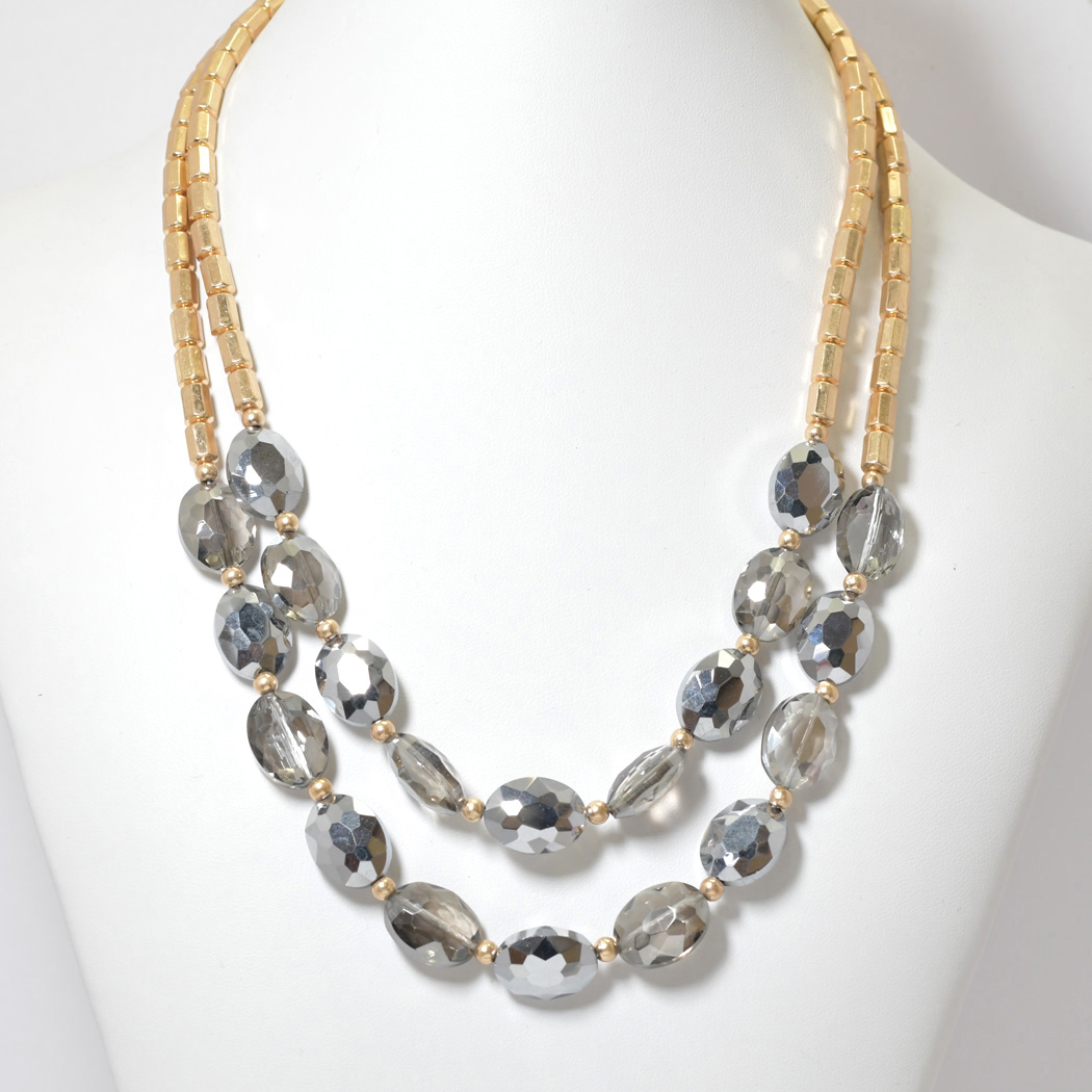100177_Gold/Black Diamond, oval crystal glass double layered necklace 