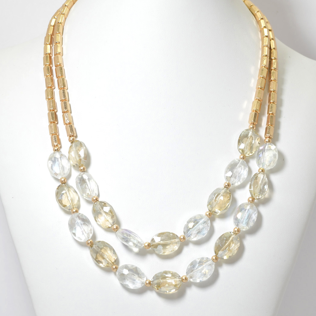 100177_Gold/Clear AB, oval crystal glass double layered necklace 