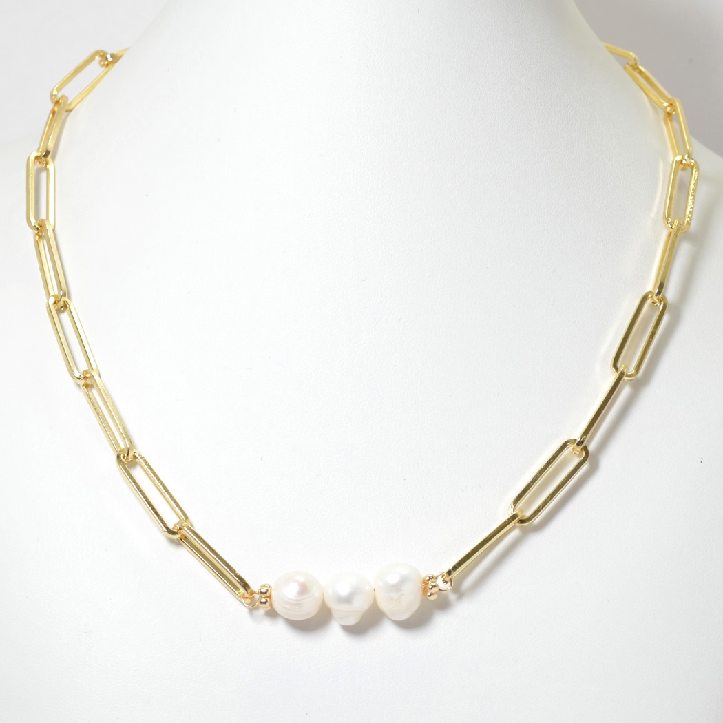 100179_Gold, triple freshwater pearl accent chain necklace 