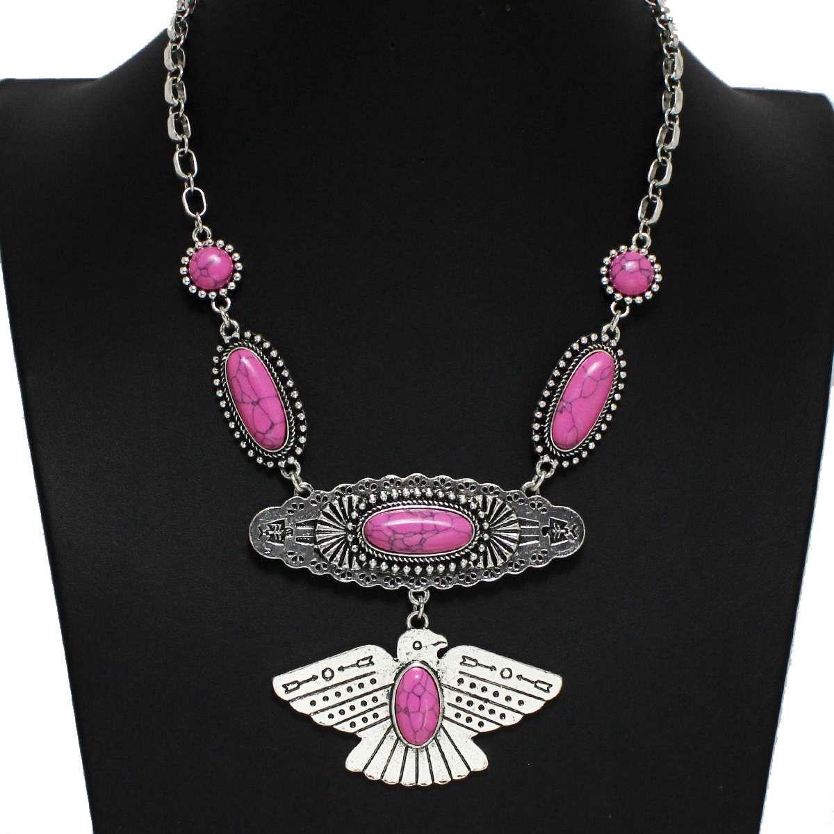 100185_Silver Burnished/Pink, western thunderbird turquoise stone necklace 