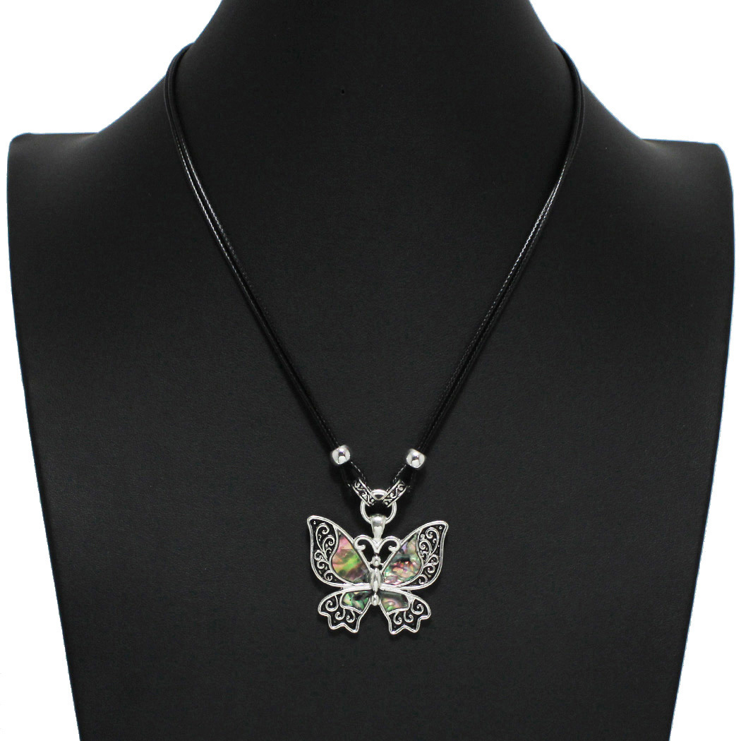 100235_Antique Silver, butterfly abalone pendant necklace 