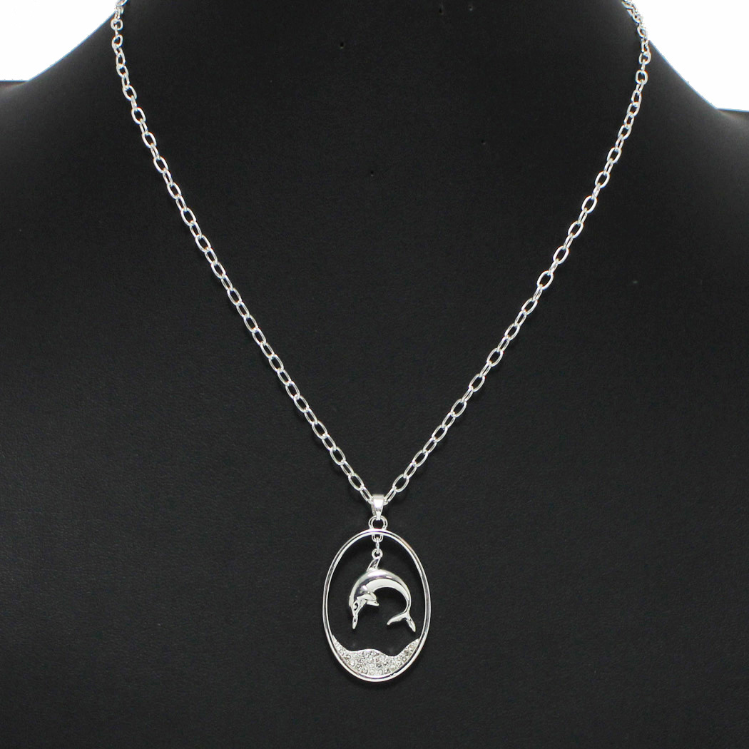 100280_Silver/Clear, dolphin with crystal rhinestone pendant necklace 