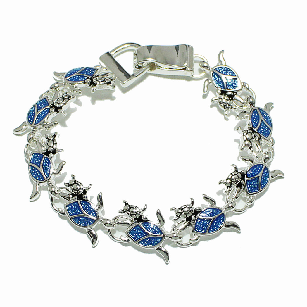 100293_Silver/Blue, sea turtle enamel magnetic closure bracelet 