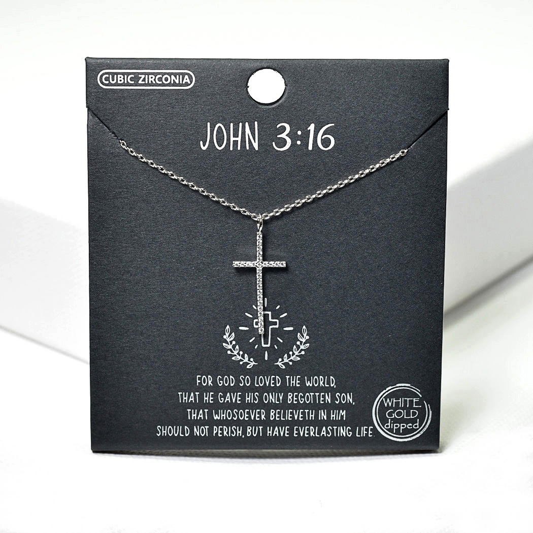 100515_Silver, White Gold Dipped, "John 3:16" cross cz charm necklace 