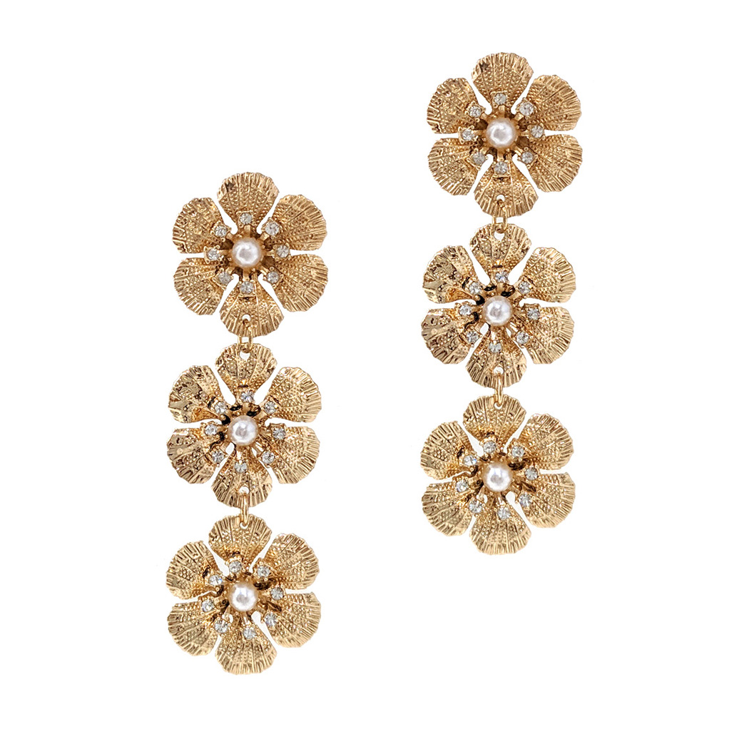100523_Gold, flower pearl & crystal rhinestone drop dangle earring 