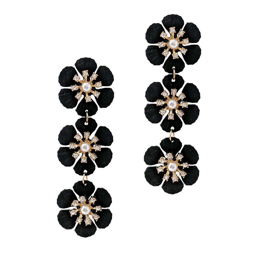 100523_Black, flower pearl & crystal rhinestone drop dangle earring 