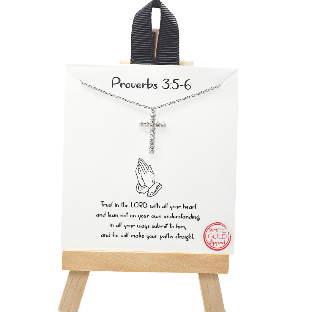 100618_Silver, White Gold Dipped, "Proverbs 3:5-6" cross cz charm necklace 
