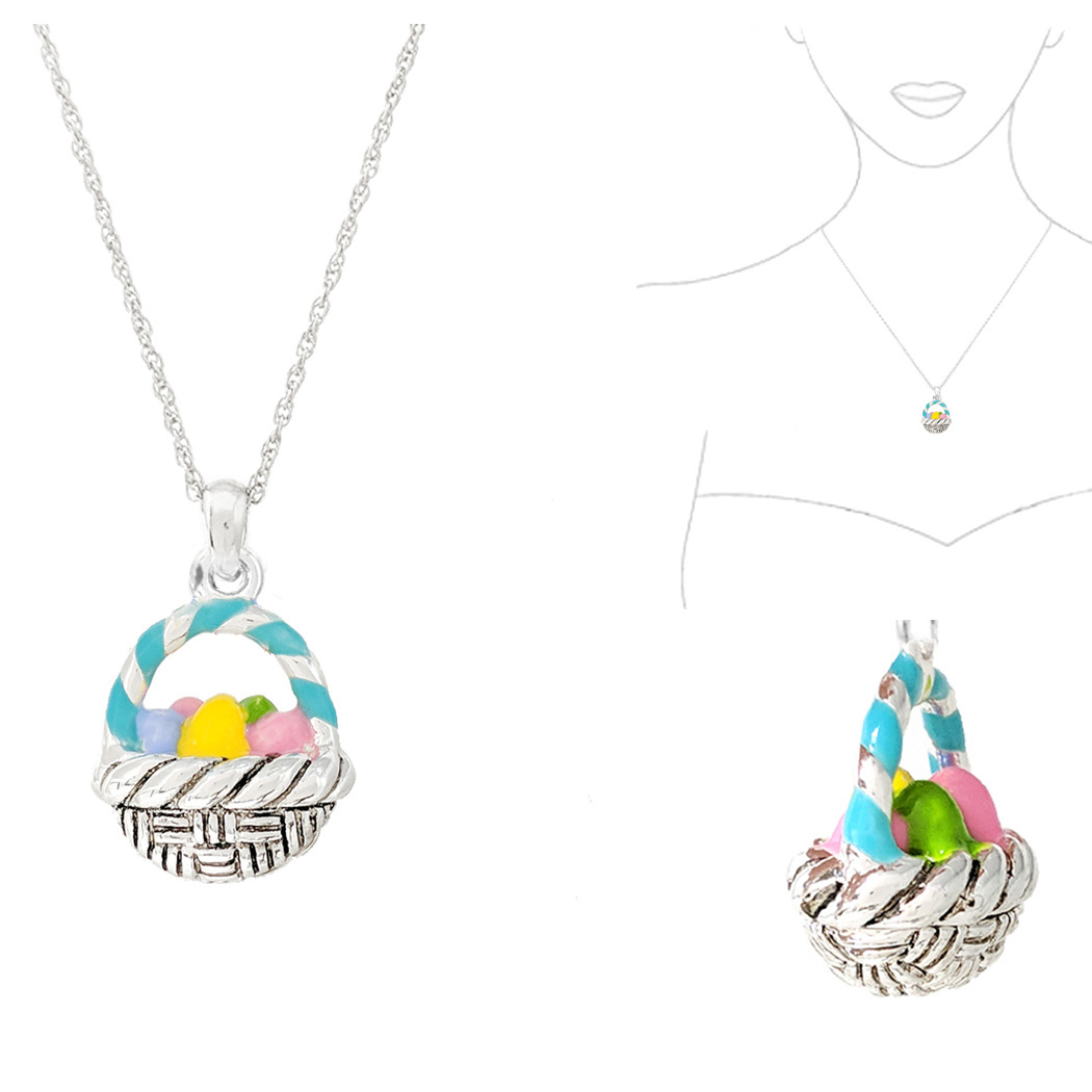 100725_Antique Silver/Multi, easter egg basket enamel charm pendant necklace 