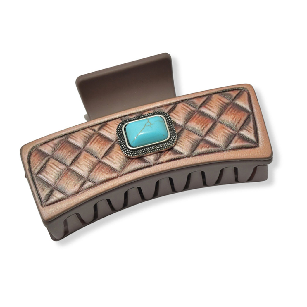 99207_(3)Brown, embossed turquoise stone leather rectangular grander hair claw