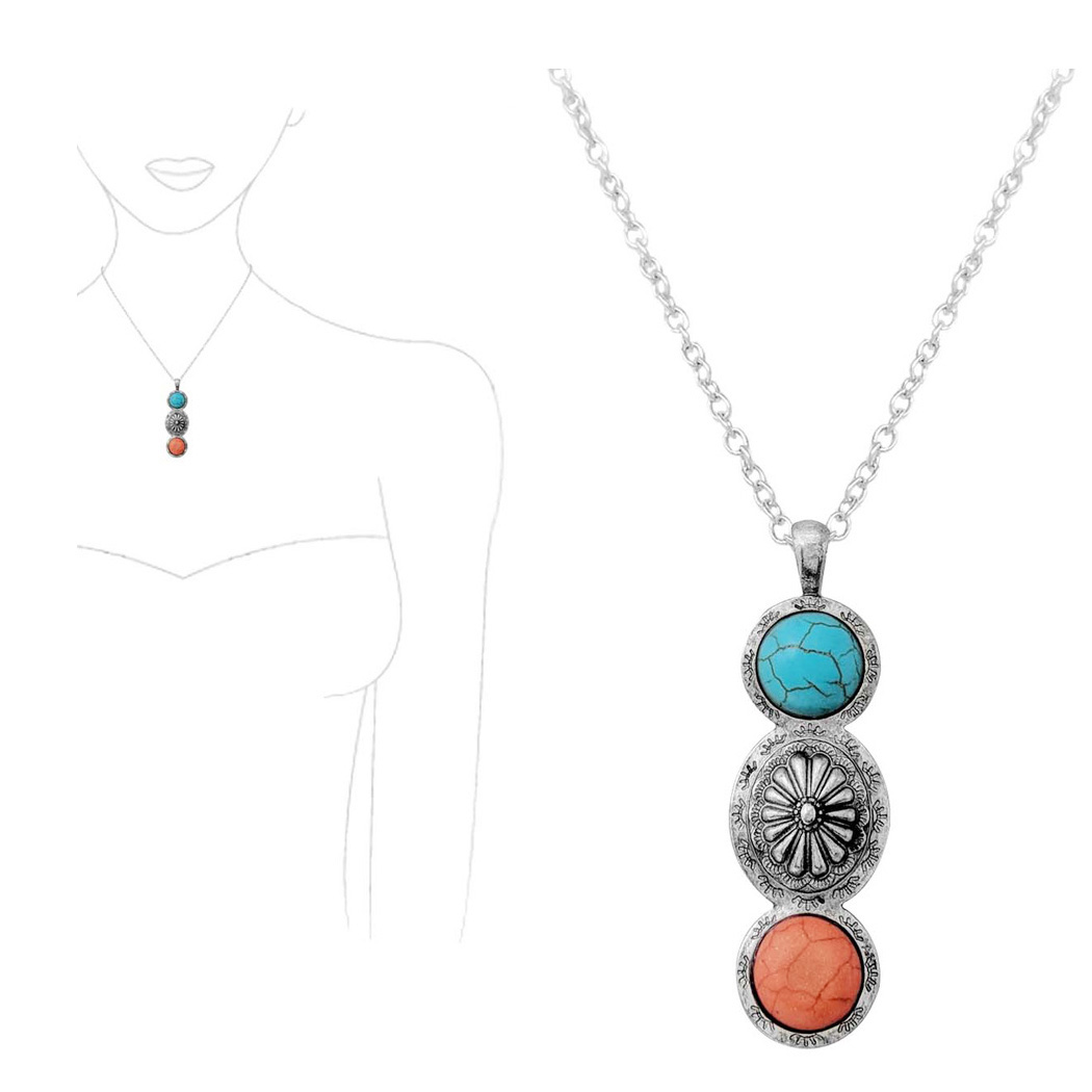95405_Silver Burnished/Turquoise Coral, western concho turquoise stone pendant necklace 