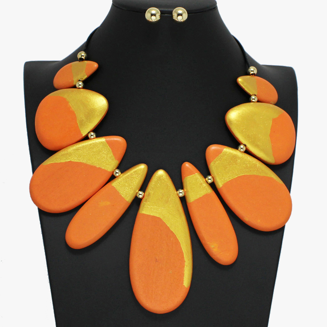 96424_Gold/Orange, gold painted accent geometric wood necklace 