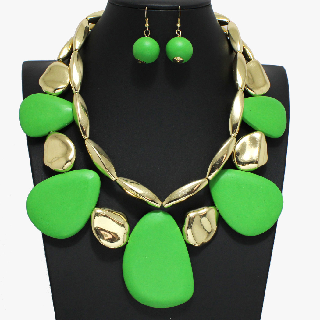 96425_Gold/Green, geometric wood double layered necklace 