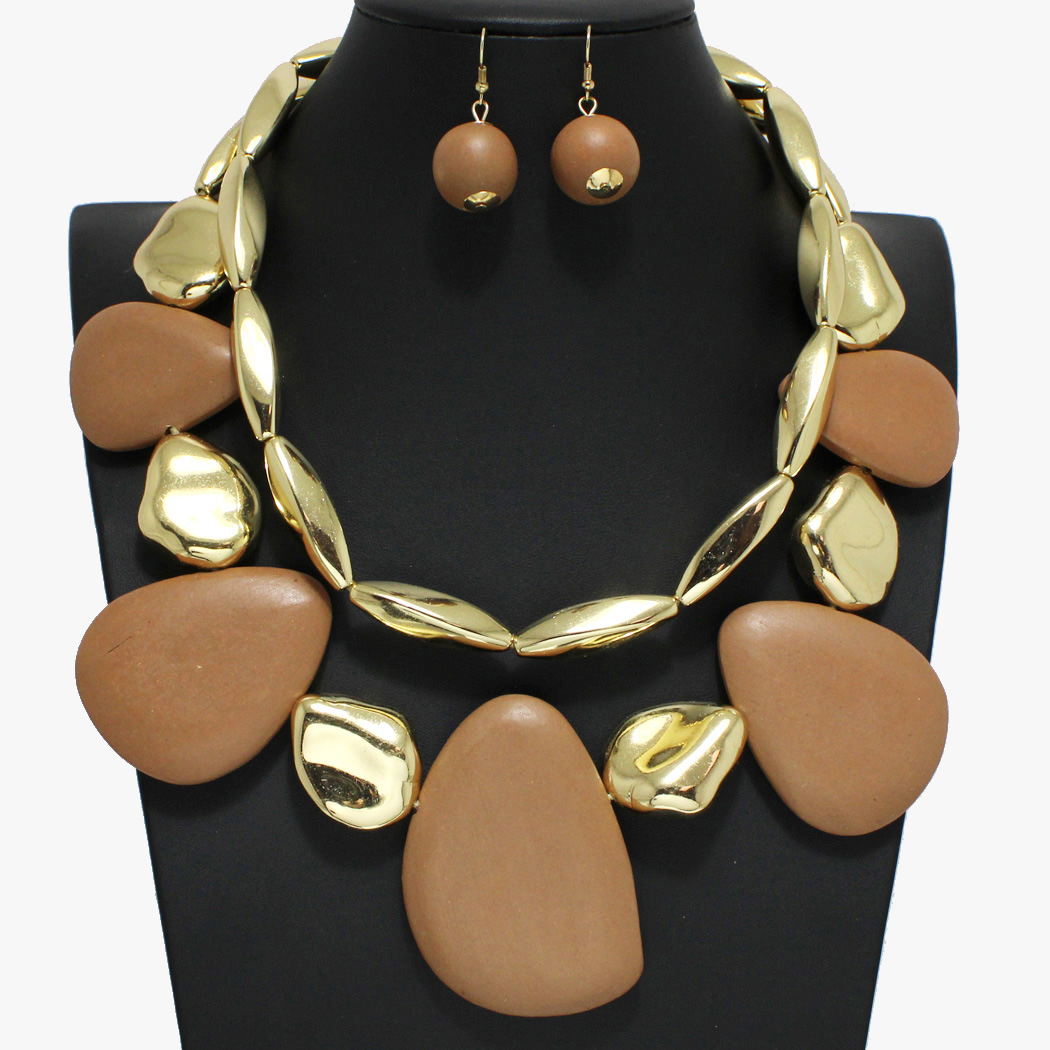 96425_Gold/Brown, geometric wood double layered necklace 