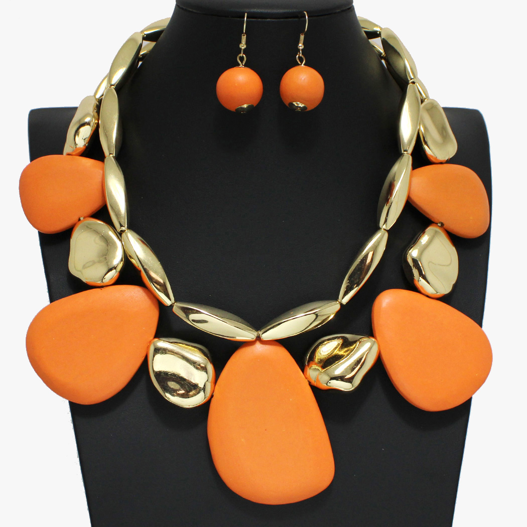 96425_Gold/Orange, geometric wood double layered necklace 