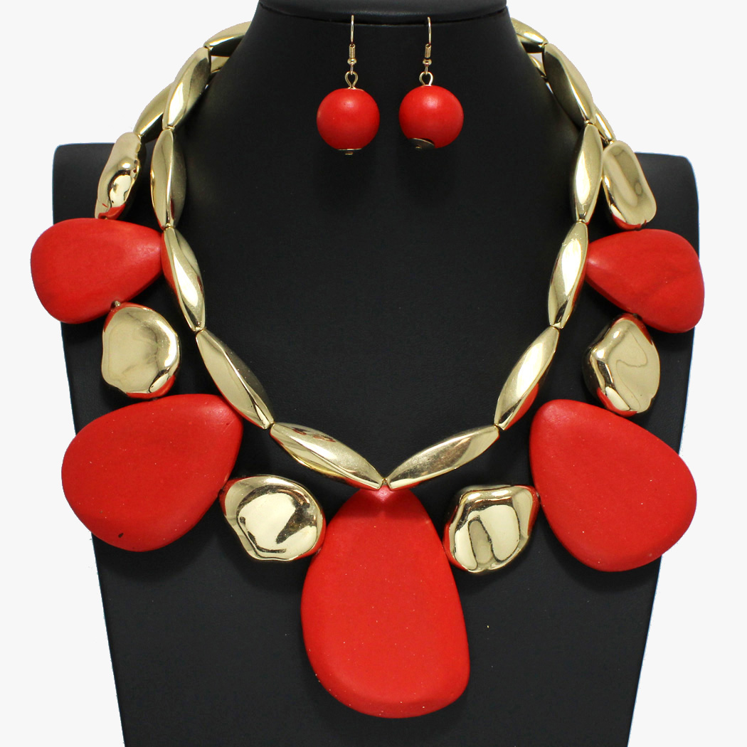 96425_Gold/Red, geometric wood double layered necklace 