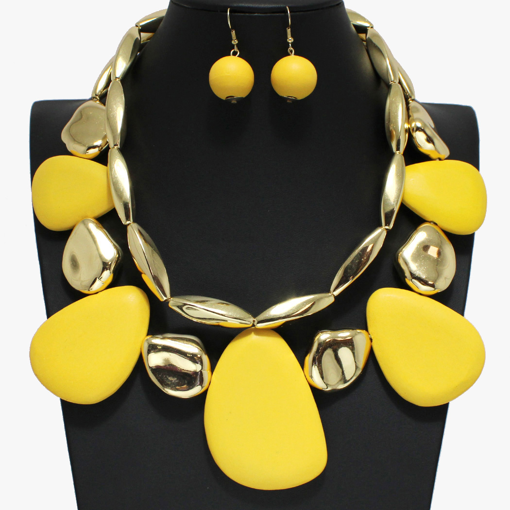 96425_Gold/Yellow, geometric wood double layered necklace 