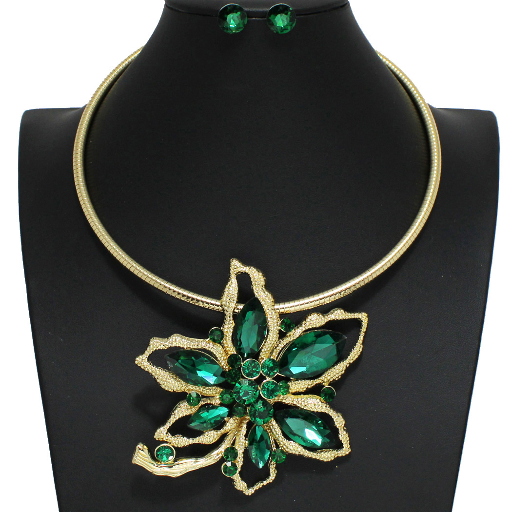 96426_Gold/Emerald Green, flower rhinestone choker necklace 
