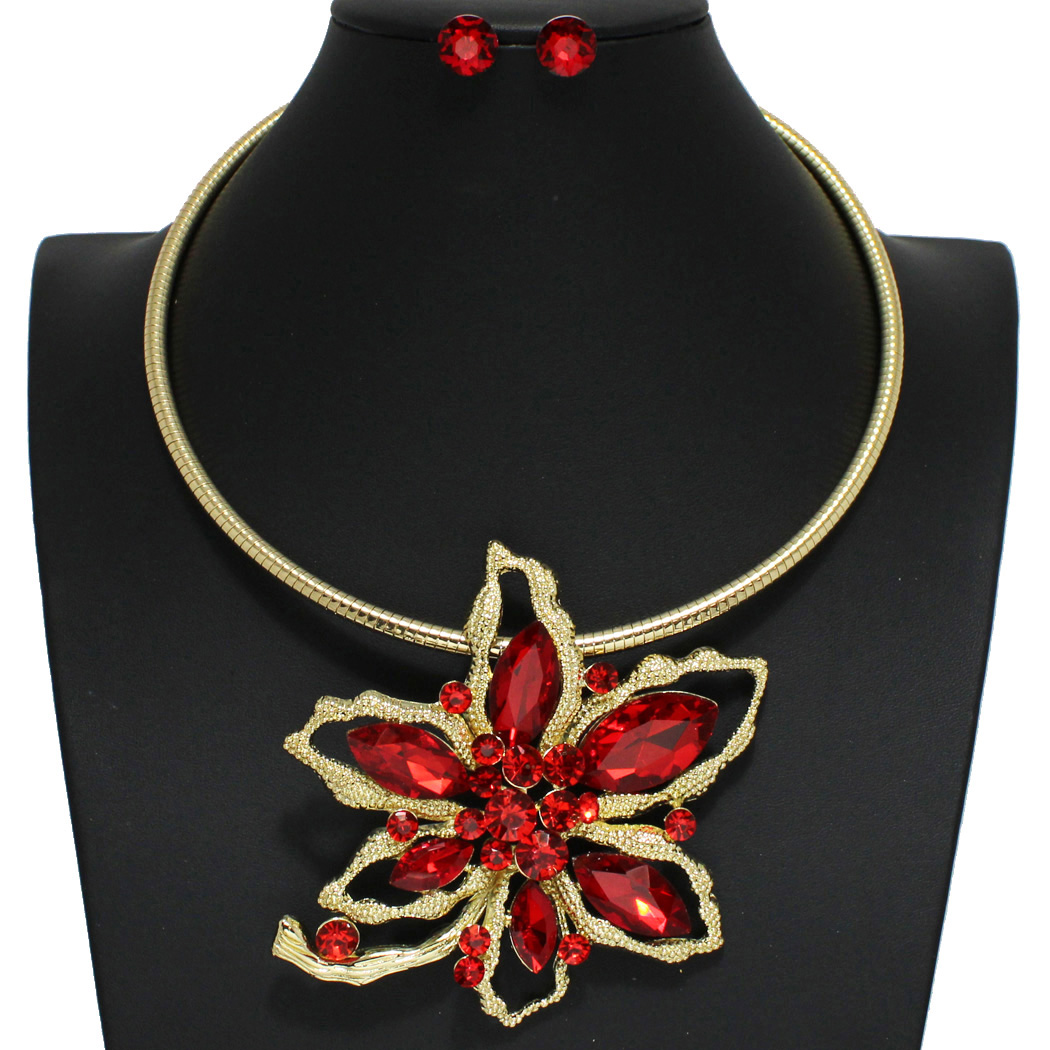 96426_Gold/Red, flower rhinestone choker necklace 