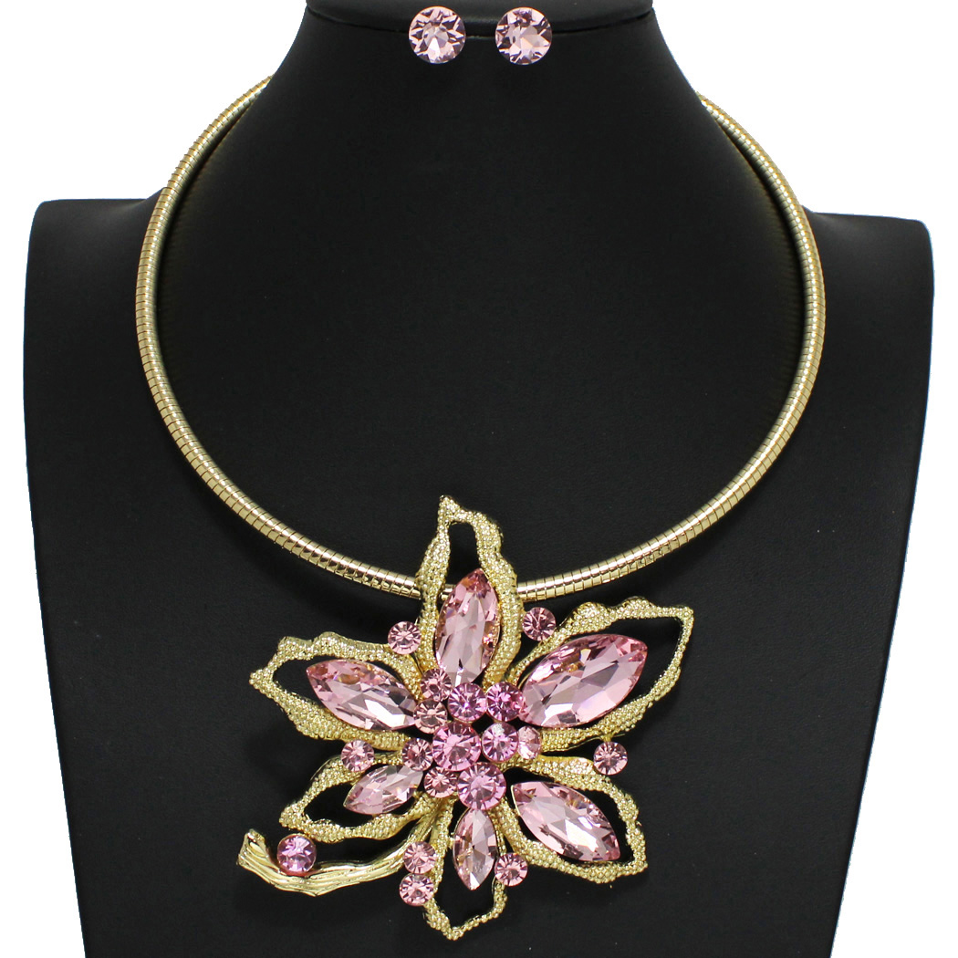 96426_Gold/Pink, flower rhinestone choker necklace 