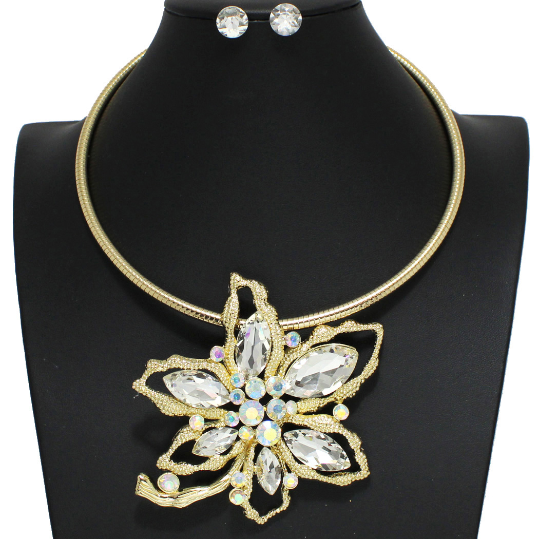 96426_Gold/Clear, flower rhinestone choker necklace 