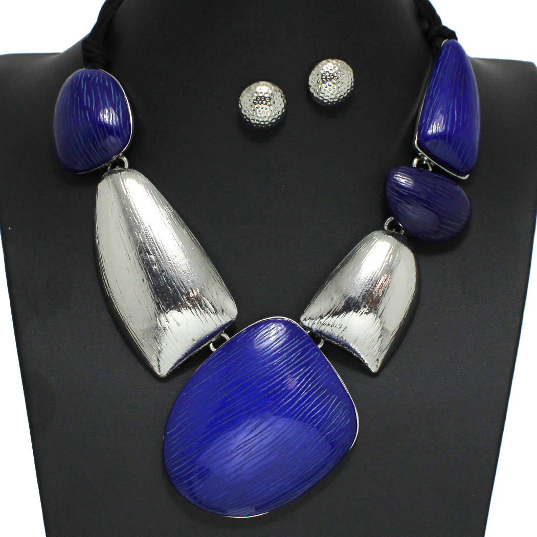 96427_Silver/Royal Blue, geometric bold statement necklace 