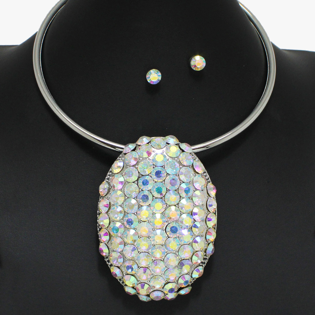 96428_Silver/AB, oval rhinestone choker necklace 